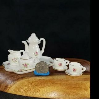 Tiny Porcelain Doll Tea Set Teapot Sugar Bowl Creamer 2 Teacups Saucers & Tray