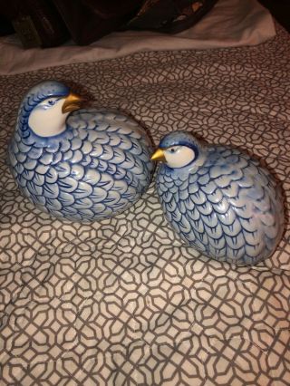 Andrea By Sadek Fishnet Blue And White Quail Figurines With Golden Beaks