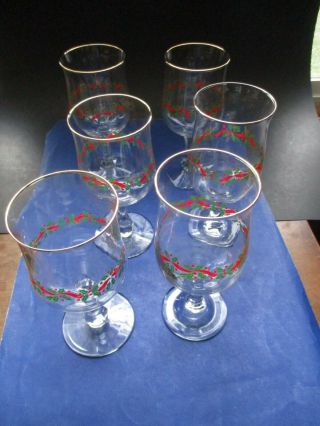 Set Of 6 Vintage Long John Silvers Christmas Stemmed Glasses Holly & Berries