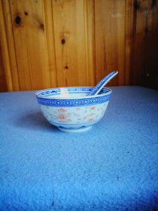 Vintage Chinese Rice Eyes Porcelain Bowl & Spoon Blue Dragon Floral Design