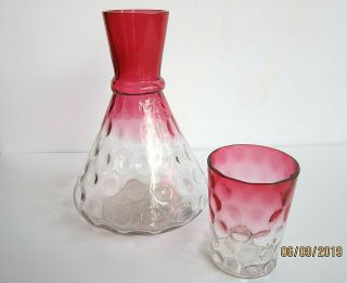 " Rare " Antique Cranberry Bubble Optic Water Jug Decanter & Glass