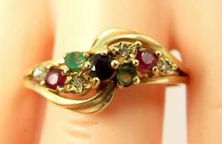 Vintage 9ct Gold Sapphire Ruby Emerald Diamond Dress Ring Stacking 1967 Hallmark
