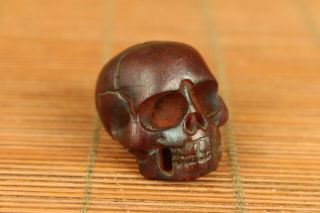 Cool Chinese Old Yak Horn Hand Carving Skull Statue Netsuke Hand Piece Bead