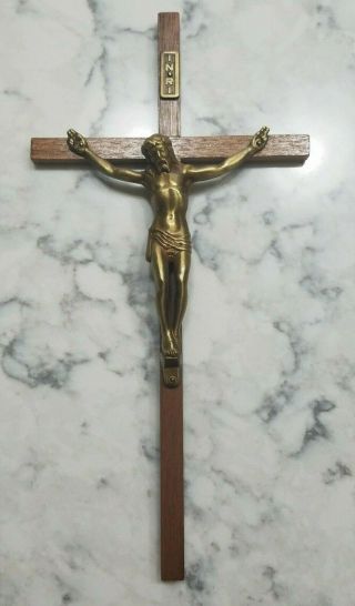 Vintage Brass Wood Jesus Christ Crucifix Wall Cross Metal 10 "