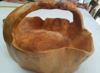 Rare Unique Large Burl Wood Large Bowl/basket With Handle Handcarved Signed Con2