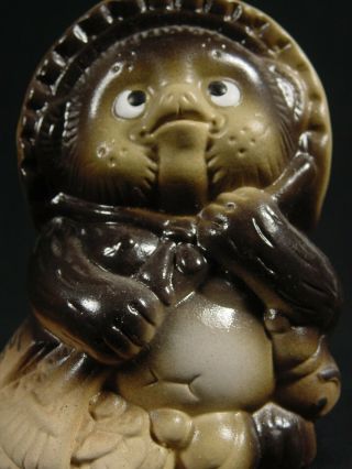 Japanese Tanuki Pottery Statue Earnest Prayer For Good Luck Raking In Fortune