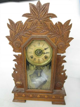 Antique 19th Century Gilbert Clock Laurel Victorian Gingerbread Floral Design