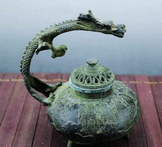 Antique Chinese Fengshui Bronze Dragon handle Incense Burner Statue Xuande Mark 2
