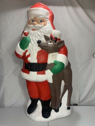 Santa & Reindeer 40 " Blow Mold Vintage Tpi Plastic Blowmold 2000 In Out