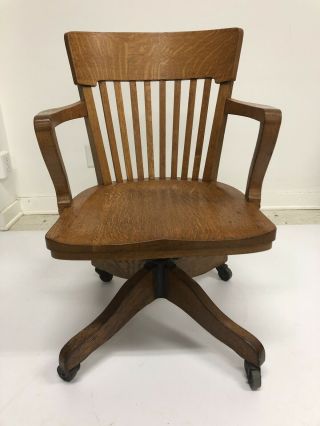 Vintage Wood Banker Chair Antique Office Industrial Wooden Swivel Arm Desk Oak