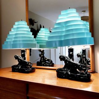 Mid Century Black Panther Lamps With Aqua Venetian Shades 1950s Retro Rockabilly