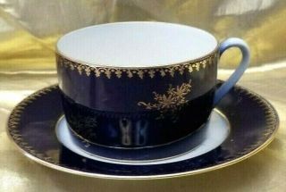 Antique Rare Limoges France Colbalt Blue & Gold Flat Cup & Saucer 1891