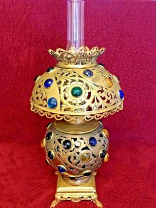 1880 - 1900 Victorian Jewel Brass Table Oil Lamp Bradley And Hubbard (very Rare)