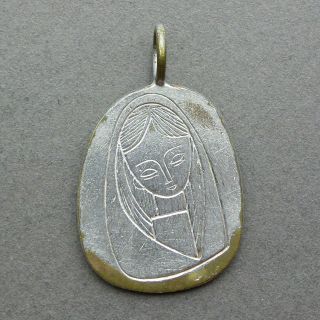 French Religious Vintage Plated Silver Pendant Saint Virgin Mary Medal 1960 