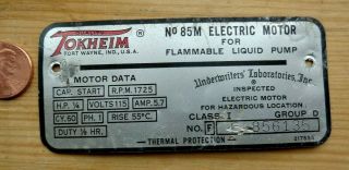 Vintage Old Tokheim Gas Pump Motor Id Tag Name Data Plate