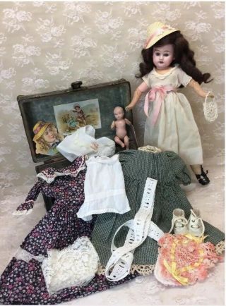 14” Antique Bisque Doll With Trunk & Trousseau