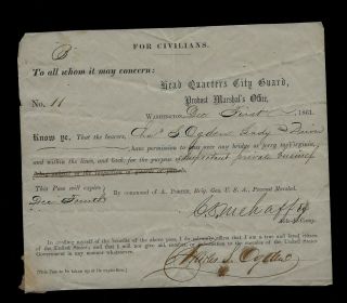 1861 Civil War Document Washington City Guard Pass For Travel To Virginia