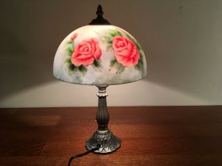Nos 14 " Reverse Painted Table Lamp Brass Base W/ Floral Glass Shade