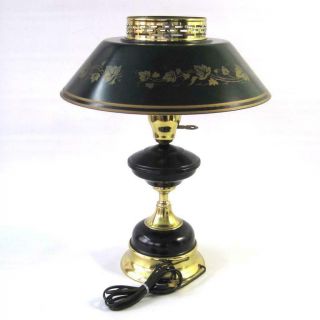 Vintage Tole Ware Table Lamp Metal Shade Black Gold Brass Milk Glass Globe