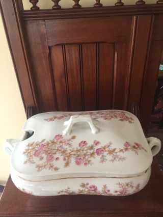 Antique Marx & Gutherz Carlsbad Austria Large Soup Tureen Pink Floral Cond