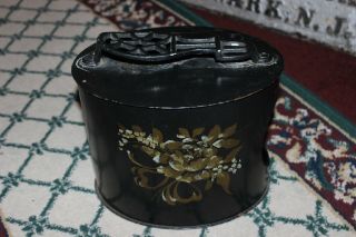 Vintage Toleware Shoe Shine Box Stand - Painted Flowers - Black Toleware - Lqqk