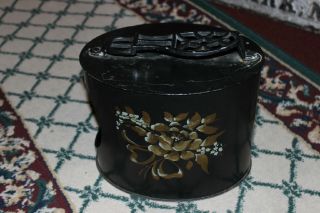 Vintage Toleware Shoe Shine Box Stand - Painted Flowers - Black Toleware - LQQK 3