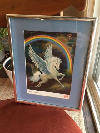 Vintage K Chin Beyond The Rainbow Pegasus Winged Picture Print Framed 8.  5x10.  5”