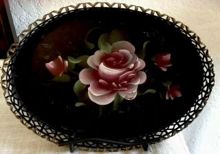 Vintage Hand Painted Tole Ware Oval Floral,  Metal Tray,  Dec - Art Philadelphia
