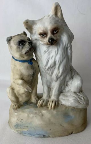 Antique Victorian German Bisque Porcelain Figurine 5” Pug Dog & White Spitz