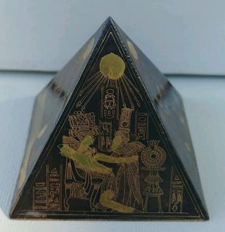 Vintage Egyptian Souvenir Brass & Copper Metal Etched Hieroglyphics Pyramid 1.  5 "