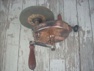 Vtg Large Copper & Cast Iron Bench Mount Hand Crank Grinding Wheel
