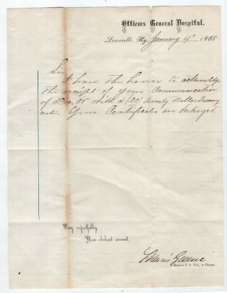 1865 Letter From Officers General Hospital,  Louisville,  Kentucky
