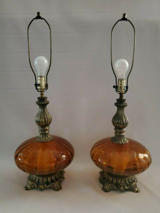 Pair Vintage Mid Century Modern Amber Glass Table Lamps Hollywood Regency Gold