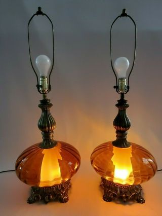 Pair Vintage Mid Century Modern Amber Glass Table Lamps Hollywood Regency Gold 2