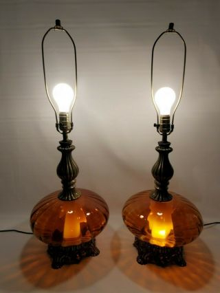 Pair Vintage Mid Century Modern Amber Glass Table Lamps Hollywood Regency Gold 3