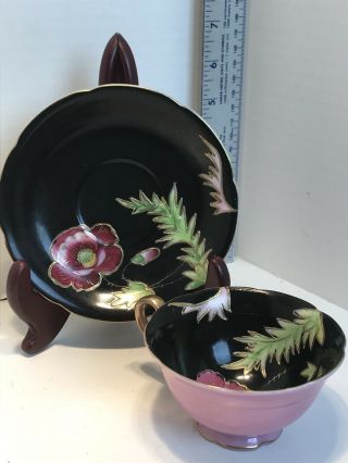 Vintage Occupied Japan Tea Cup & Saucer Merit Black Pink & Flowers