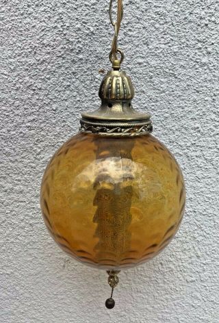 Vintage Ornate Swag Lamp Wavey Glass Amber Hanging Light Mid Century Modern Vg