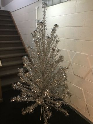 Vintage Sparkler Pom Pom 6 Ft Silver Aluminum Christmas Tree