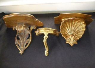 3 Vintage Italian Gold Gilt Carved Wood Wall Shelves Acanthus Leaf Shell