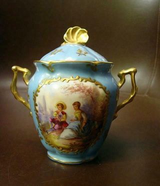 Sevres Porcelain Sugar Bowl W/ Hand Painted Scene &heavy Gilding On Celeste Blue
