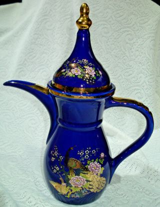 Cobalt Blue And Gold Tea Pot With Peacock Motif