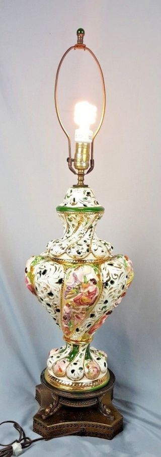 Vintage Signed Italian Capodimonte Lamp Hand Painted Porcelain Footed Dragons