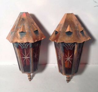 Vintage Copper Mission Style Arts & Craft Style Pair Hanging Lanterns W Canopies