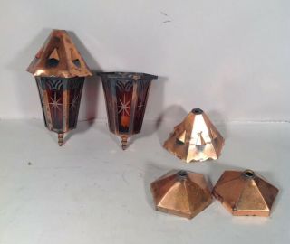Vintage Copper Mission Style Arts & Craft Style Pair Hanging Lanterns w Canopies 2