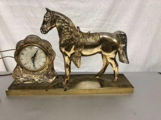 Vintage Bronze Colored Metal Western Horse And Clock (united Clock Runs)