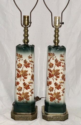 Vintage Pair 32” Ceramic Table Lamps W/fall Theme Leaves & Brass Base