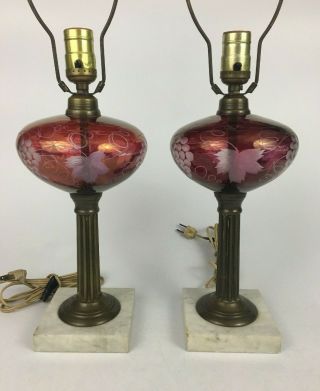 Antique Cranberry Etched - Glass Lamps Grapes & Vines Design Marble Base