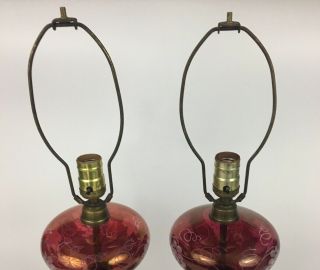 Antique Cranberry Etched - Glass Lamps Grapes & Vines Design Marble Base 2