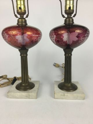 Antique Cranberry Etched - Glass Lamps Grapes & Vines Design Marble Base 3
