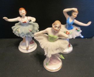 3 Vintage Miniature Porcelain Dresden Lace Lady Ballerina Figurines - Germany